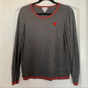 Old Navy Grey Crew Neck Sweater with Red Trim and Heart